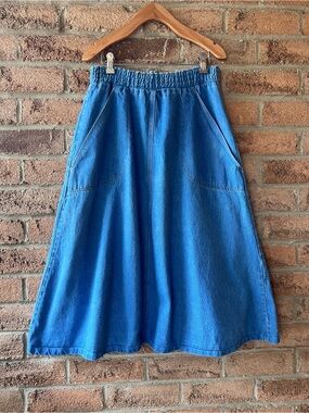 RUMBLE SEATS Midi A-Line Denim Jean Skirt High Waist Vintage Wash